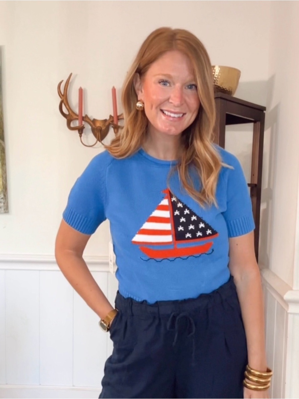 Blue Crewneck Short-Sleeve Sweater with Sailboat Motif